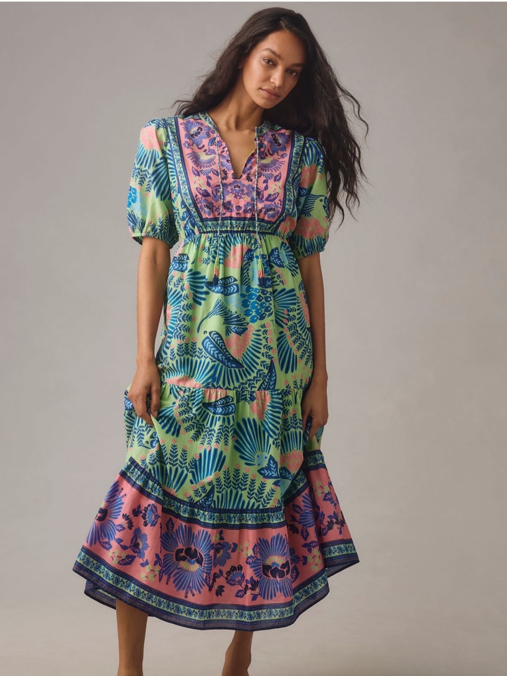 New FARM Rio x Anthropologie Short-Sleeve Tiered Midi Dress